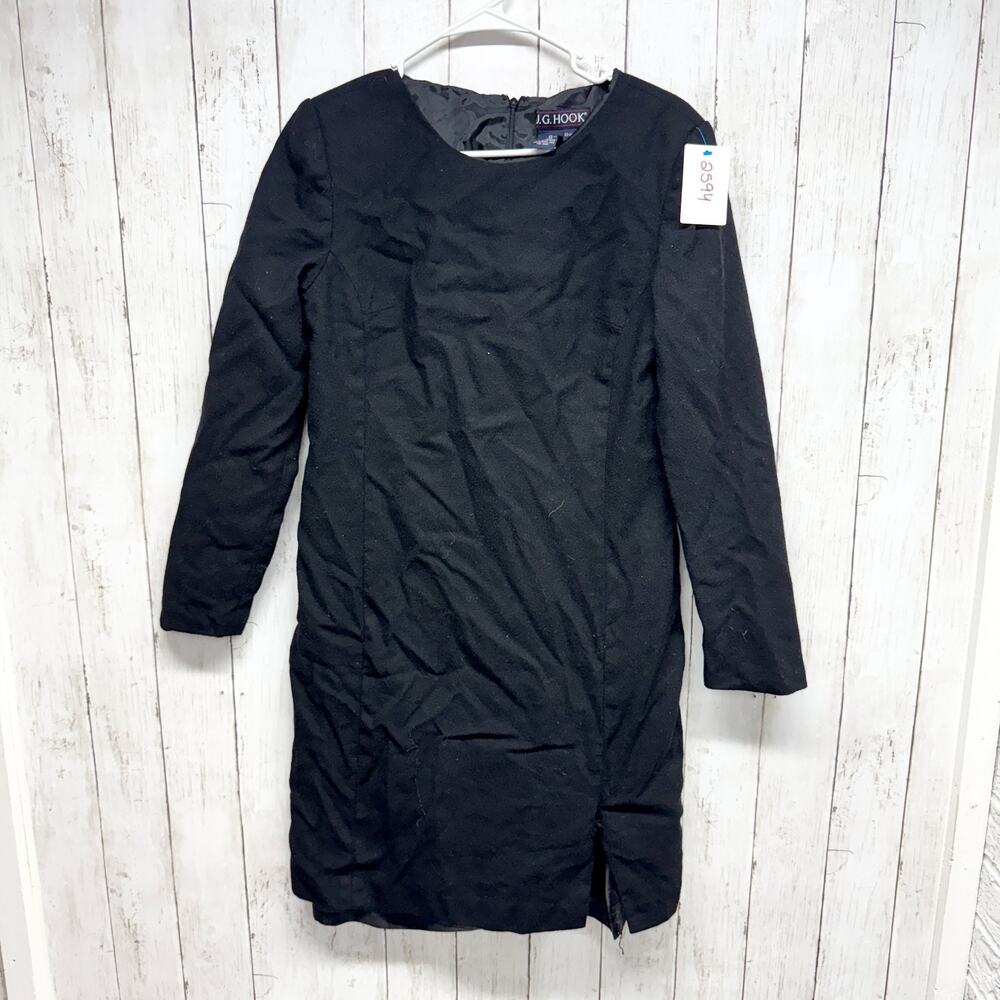Vintage J.G. Hook Dress Women Size 12 Black Wool Crewneck Long Sleeve Midi Zip